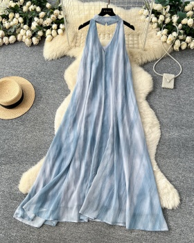 Blooming summer slim lady dress ink sleeveless blue long dress