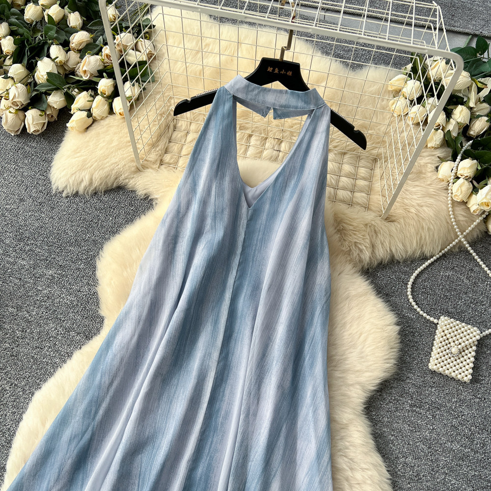 Blooming summer slim lady dress ink sleeveless blue long dress