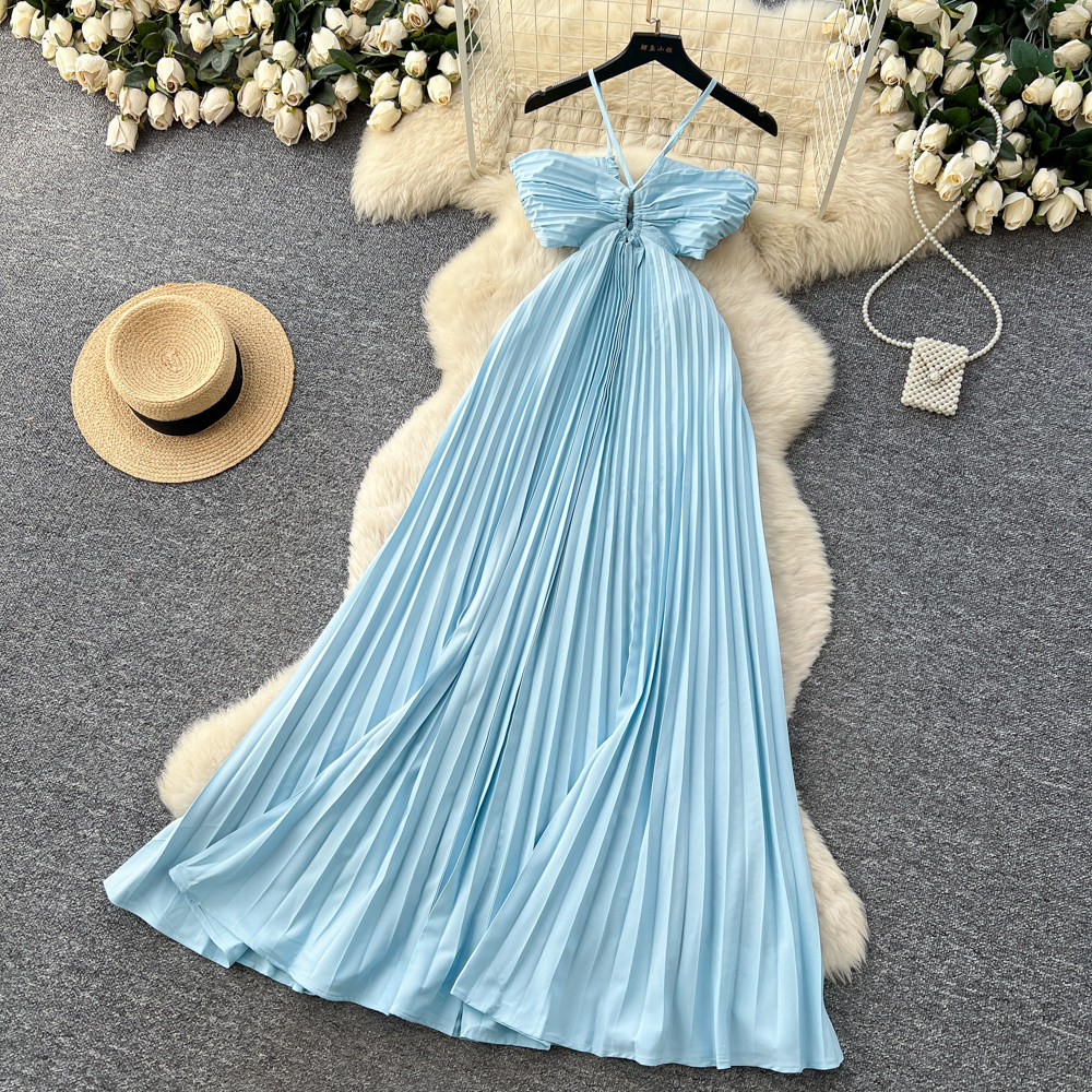Light-blue dress pleated long dress for women