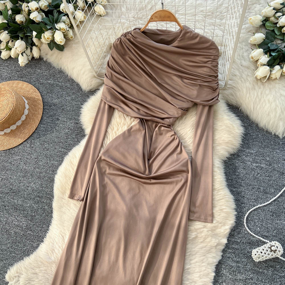 Crimp A-line long sleeve temperament dress for women