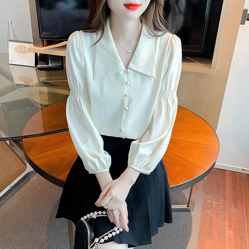 Retro France style shirt puff sleeve long sleeve tops