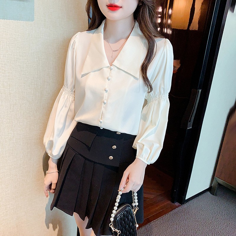 Retro France style shirt puff sleeve long sleeve tops