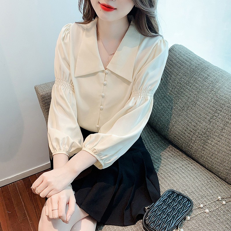 Retro France style shirt puff sleeve long sleeve tops