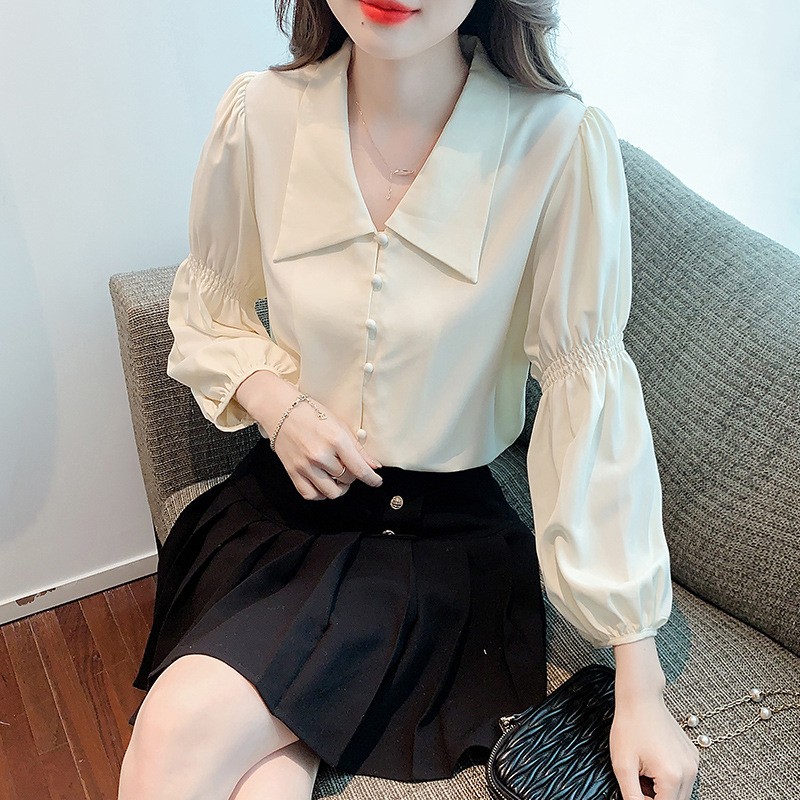 Retro France style shirt puff sleeve long sleeve tops