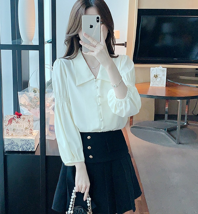 Retro France style shirt puff sleeve long sleeve tops