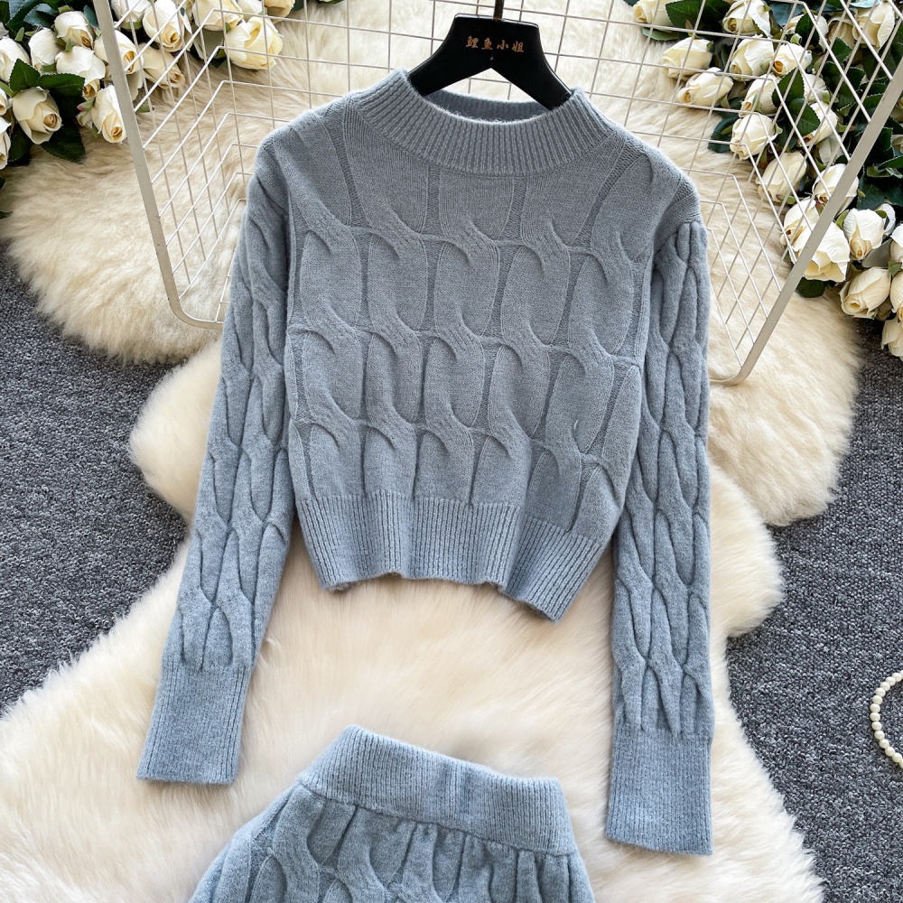 Slim knitted short skirt twist pattern tops a set for women