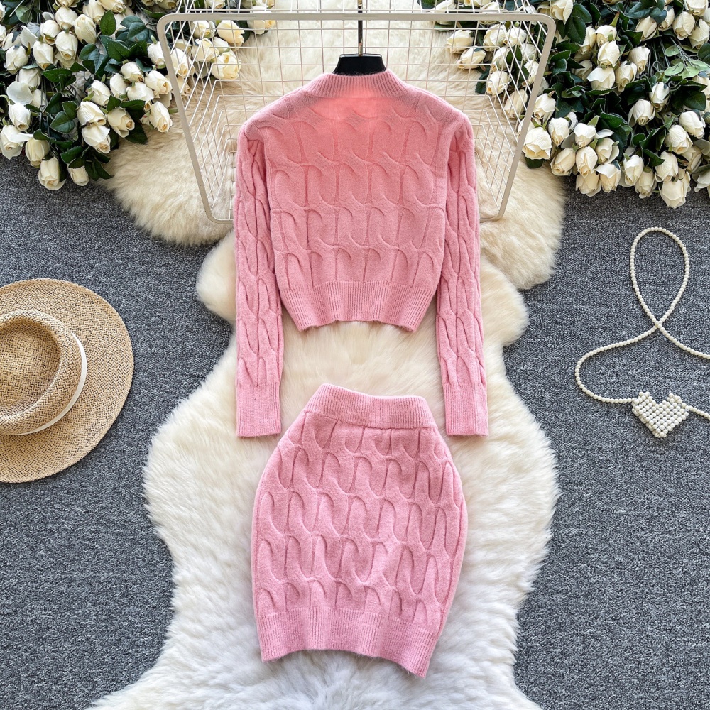 Slim knitted short skirt twist pattern tops a set for women