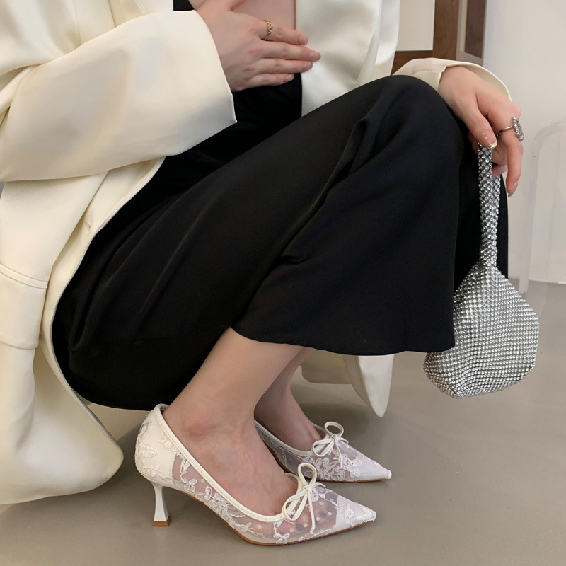 Pointed lace wedding shoes fine-root high-heeled shoes