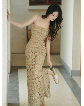 Annual meeting gold strap dress embroidered dress