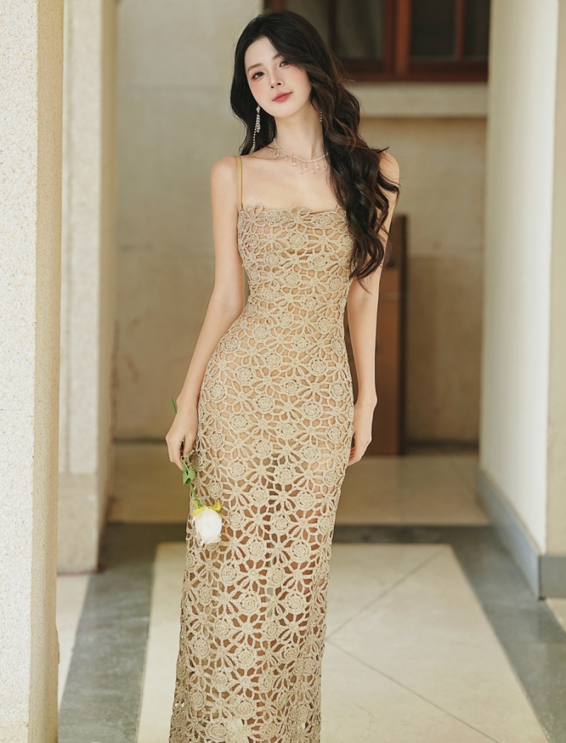 Annual meeting gold strap dress embroidered dress
