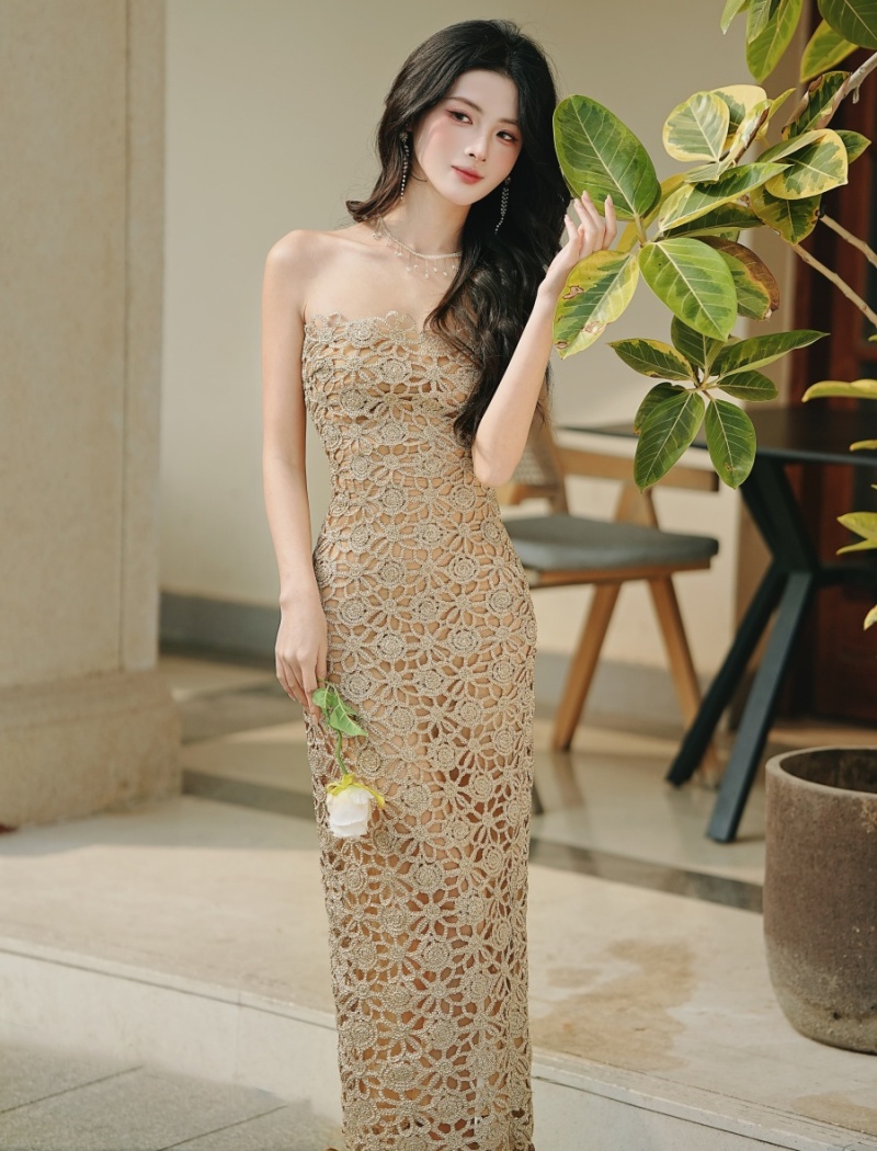 Annual meeting gold strap dress embroidered dress