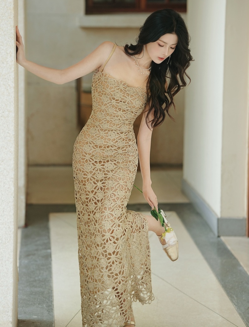 Annual meeting gold strap dress embroidered dress