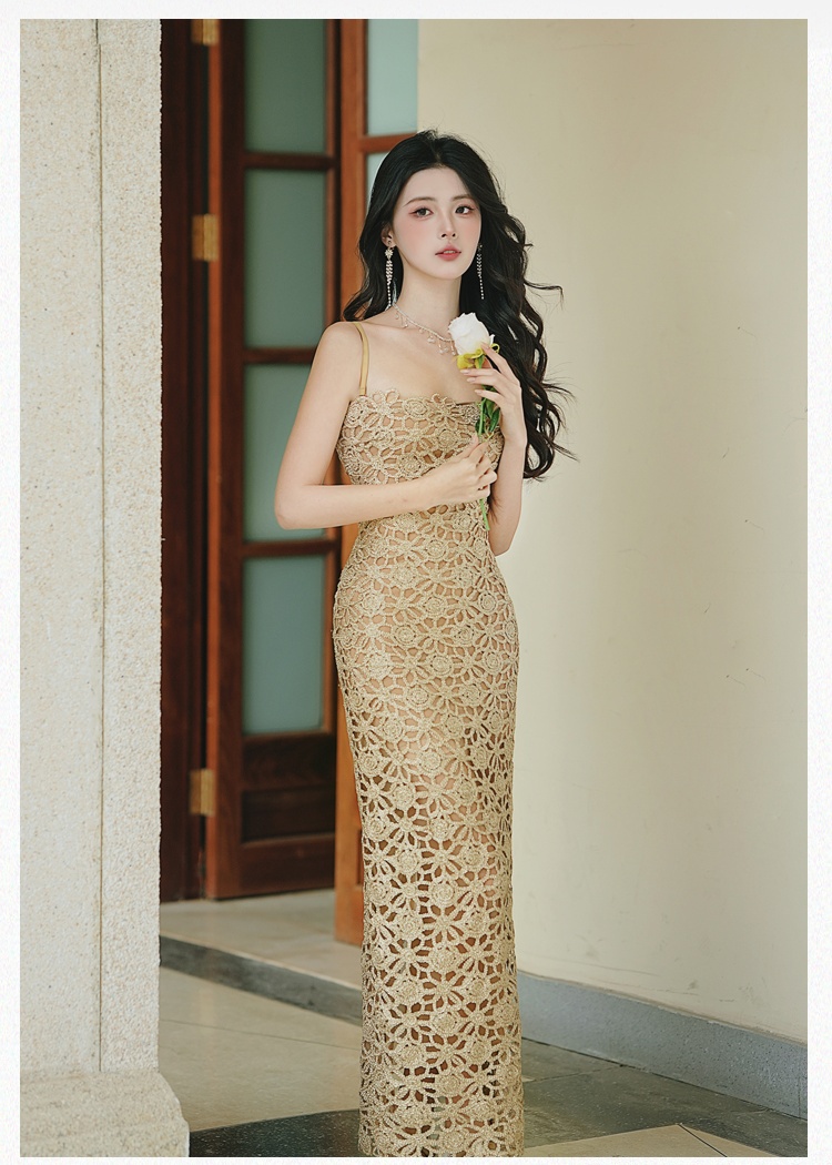 Annual meeting gold strap dress embroidered dress