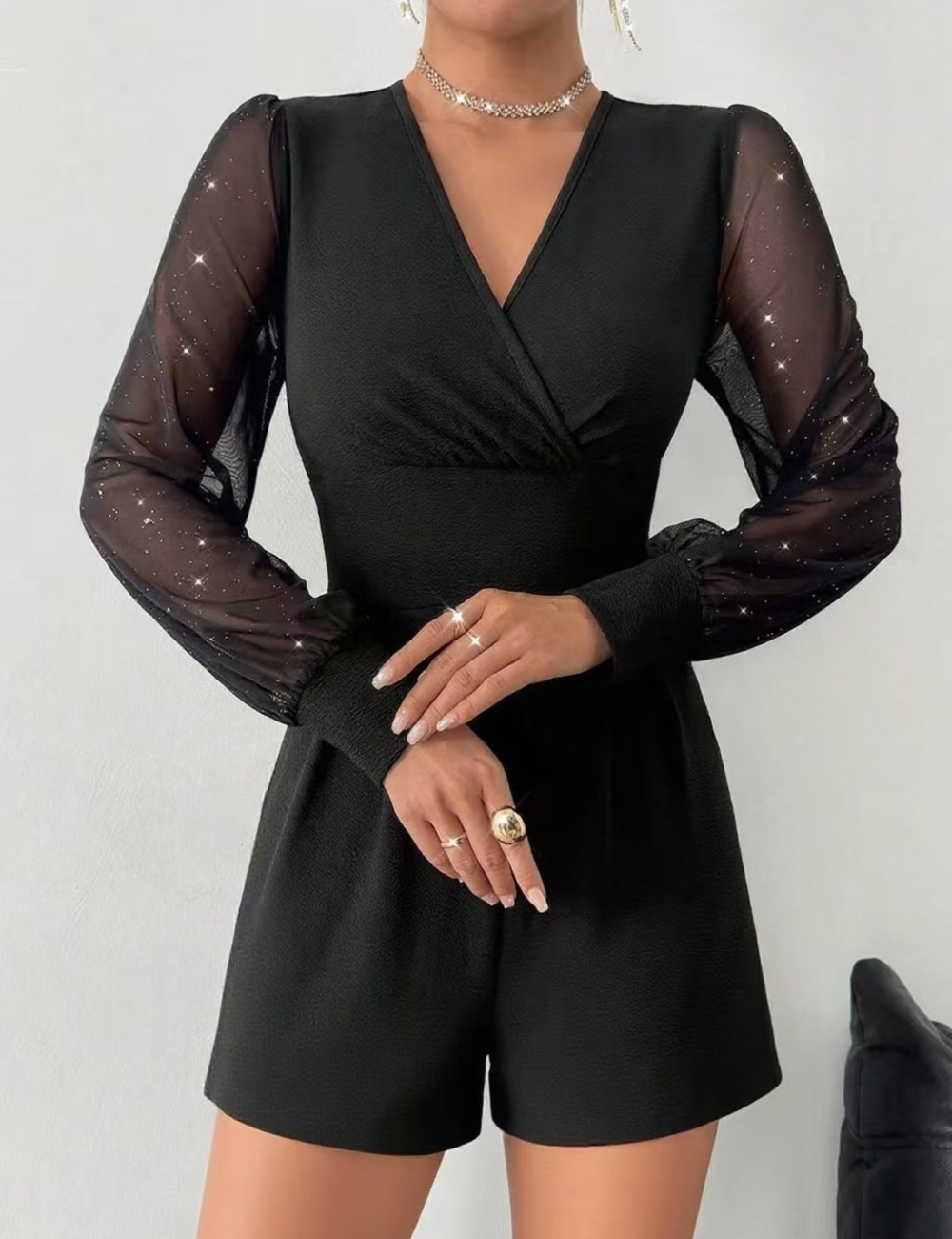 European style sexy jumpsuit splice shorts