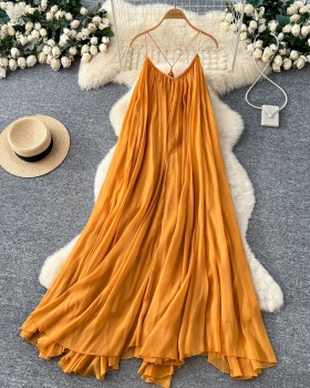 Sleeveless halter vacation yellow summer maiden long dress