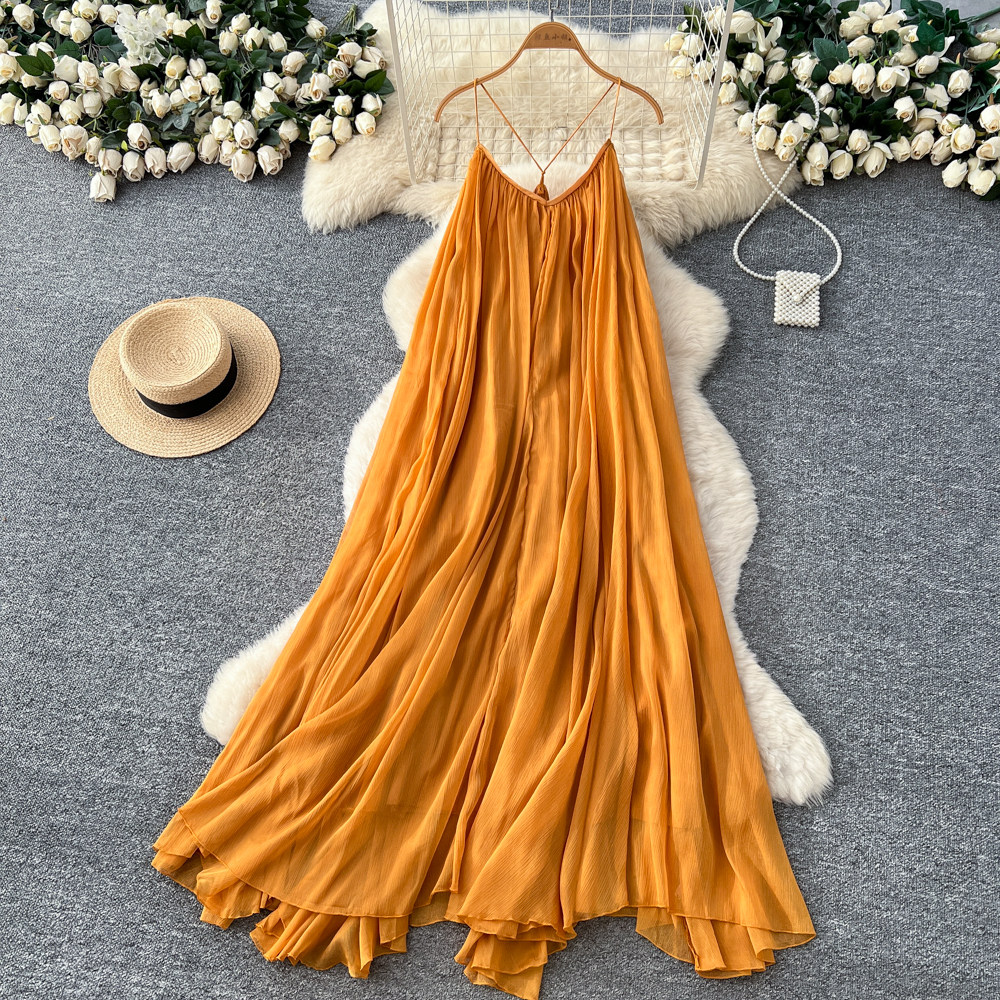 Sleeveless halter vacation yellow summer maiden long dress