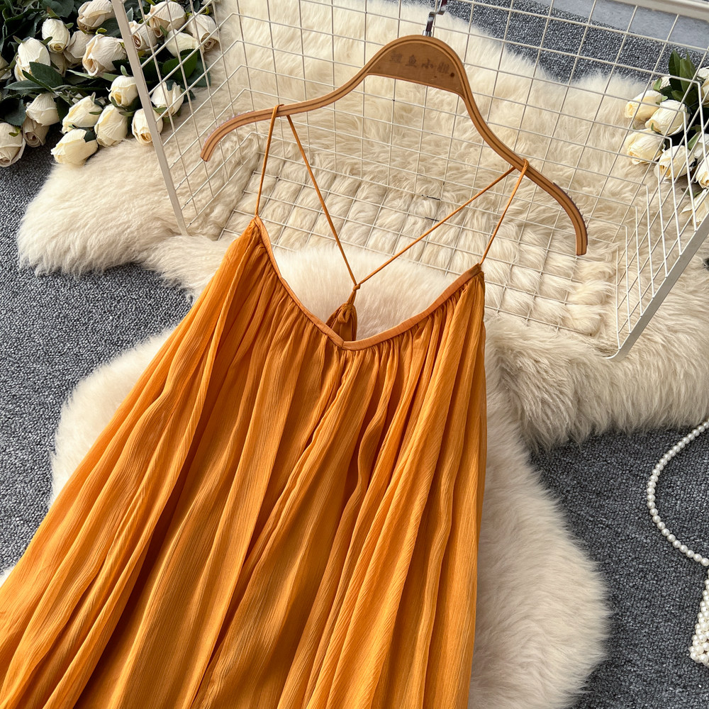 Sleeveless halter vacation yellow summer maiden long dress