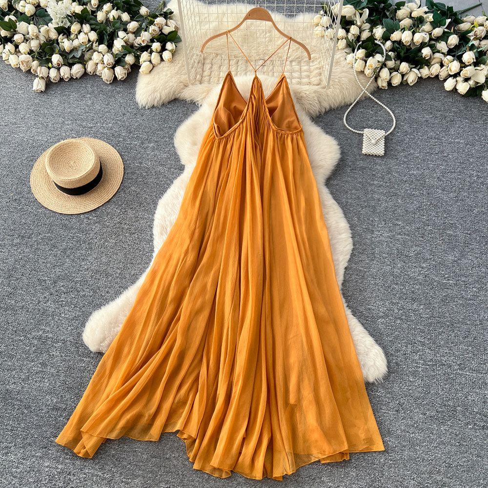 Sleeveless halter vacation yellow summer maiden long dress