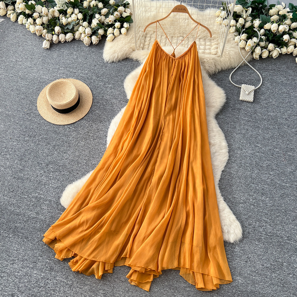 Sleeveless halter vacation yellow summer maiden long dress