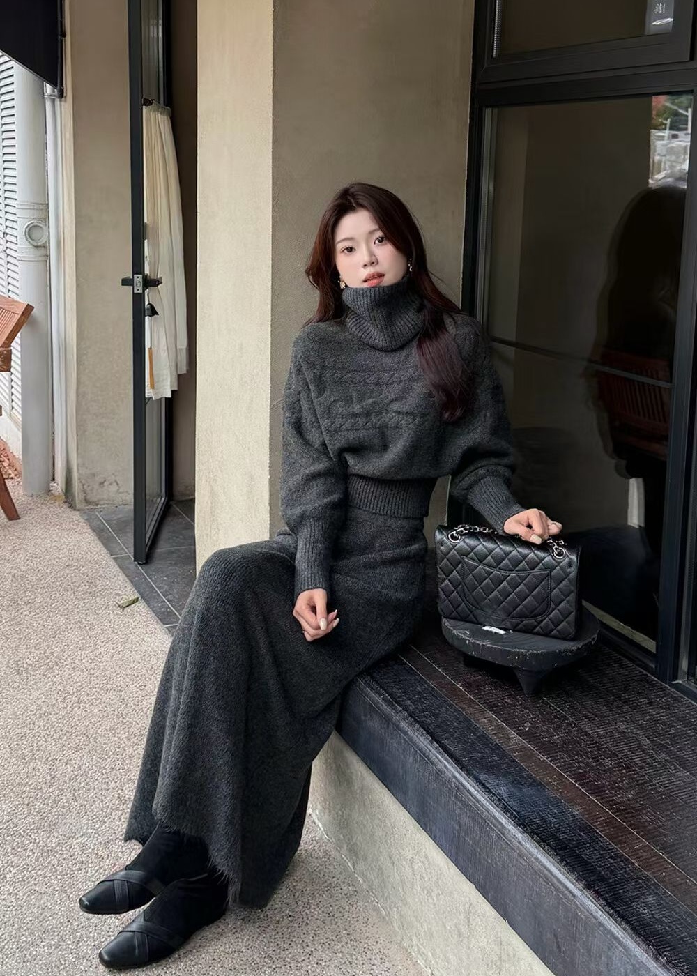 Winter removable sweater knitted long skirt 3pcs set