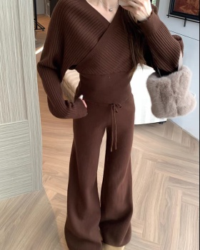 Cross high waist sweater V-neck long pants 2pcs set