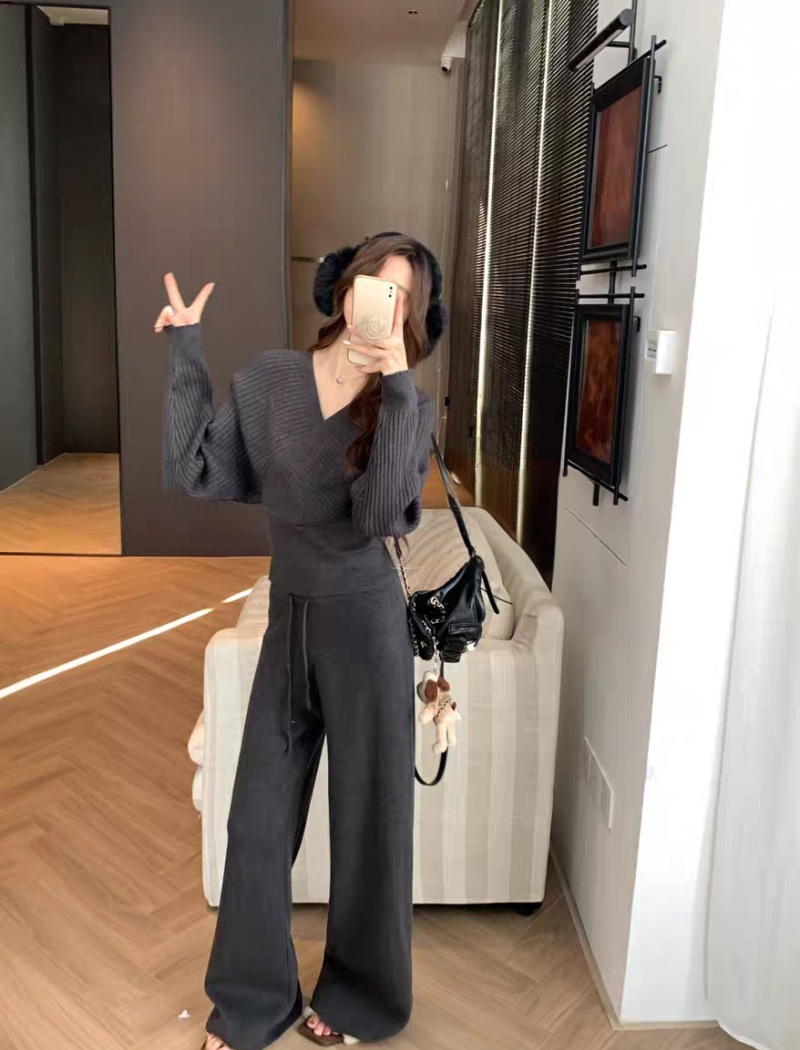 Cross high waist sweater V-neck long pants 2pcs set