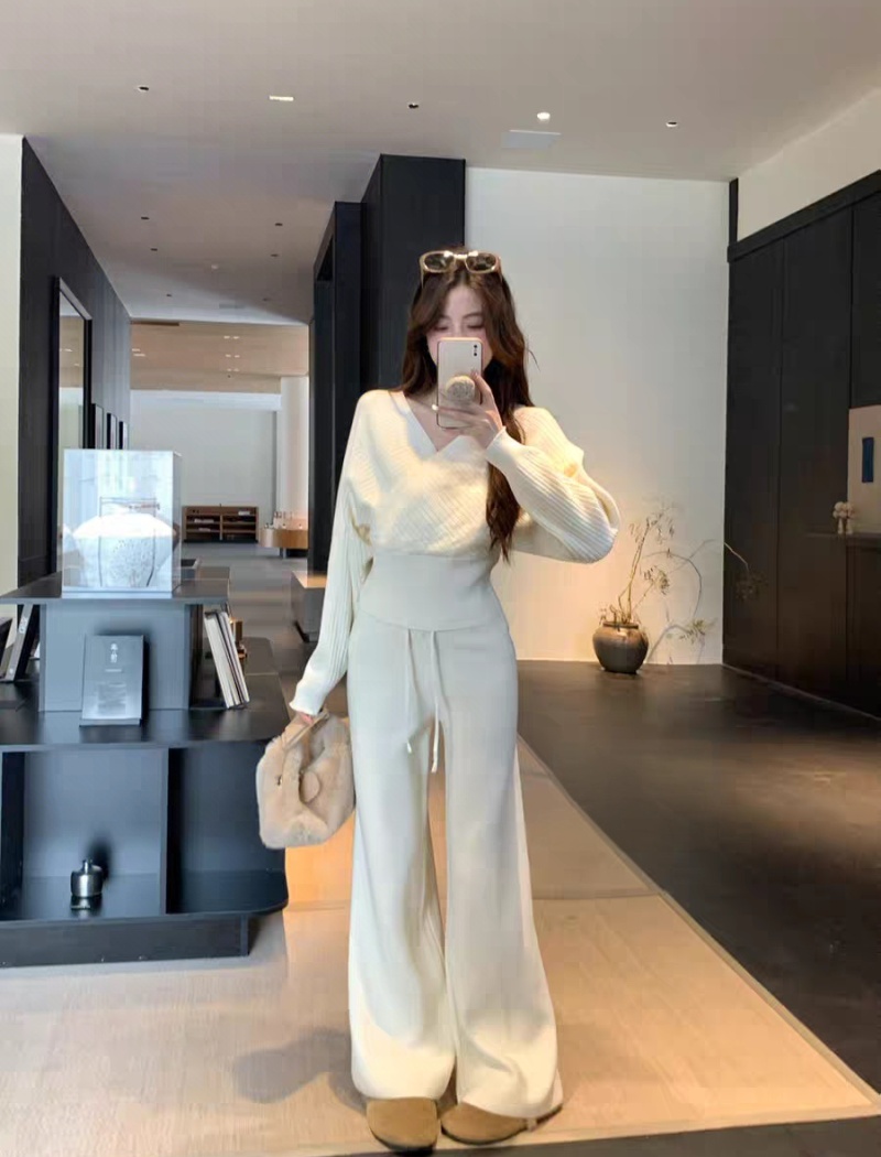 Cross high waist sweater V-neck long pants 2pcs set