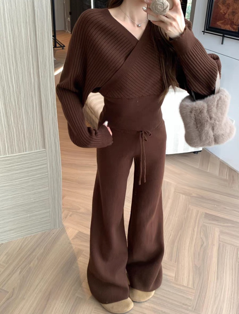 Cross high waist sweater V-neck long pants 2pcs set