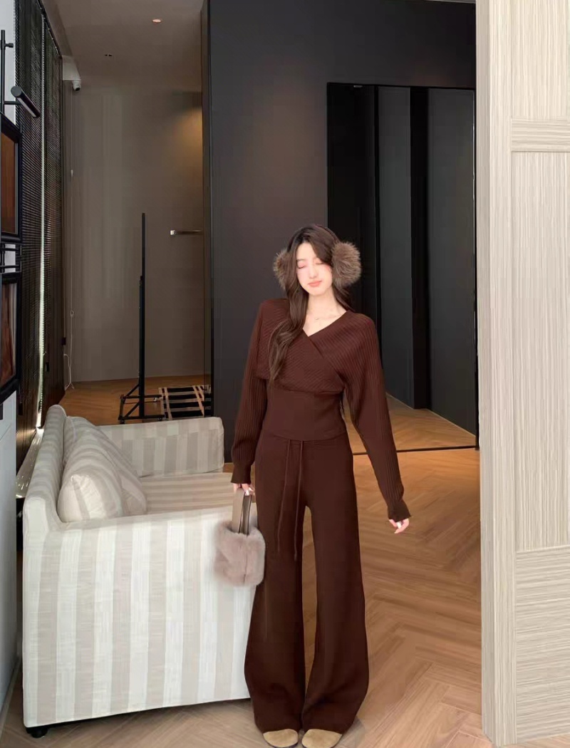 Cross high waist sweater V-neck long pants 2pcs set