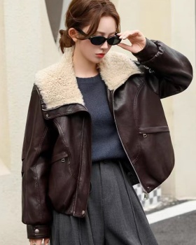 Thick lapel cotton coat fashionable leather coat for women