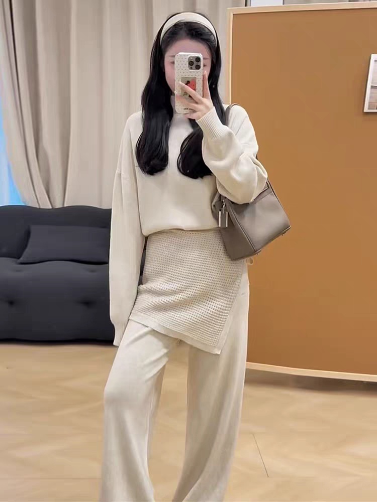 Lazy wide leg pants sweater 3pcs set for women