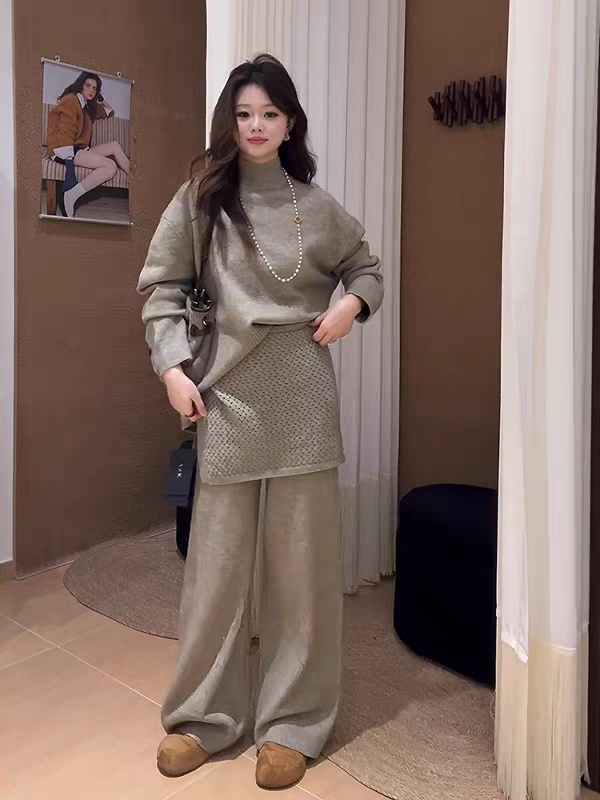 Lazy wide leg pants sweater 3pcs set for women