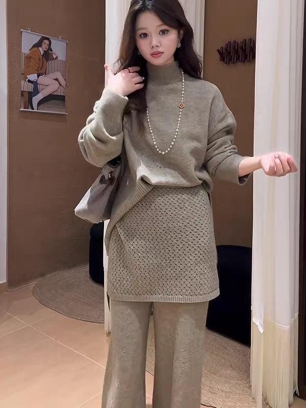 Lazy wide leg pants sweater 3pcs set for women