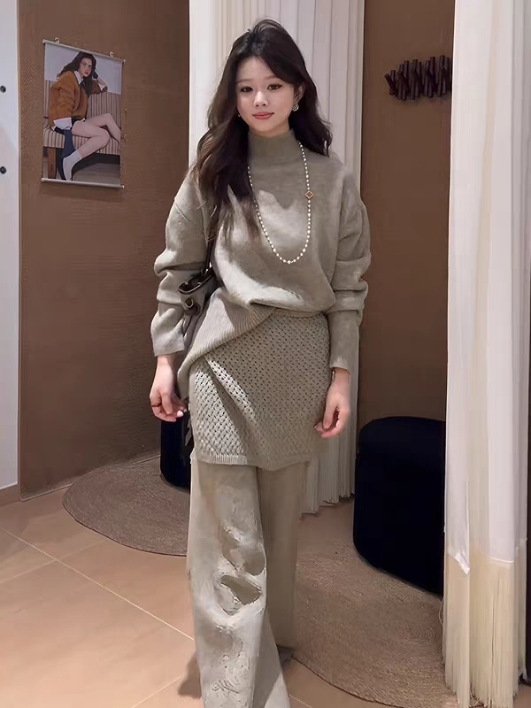 Lazy wide leg pants sweater 3pcs set for women