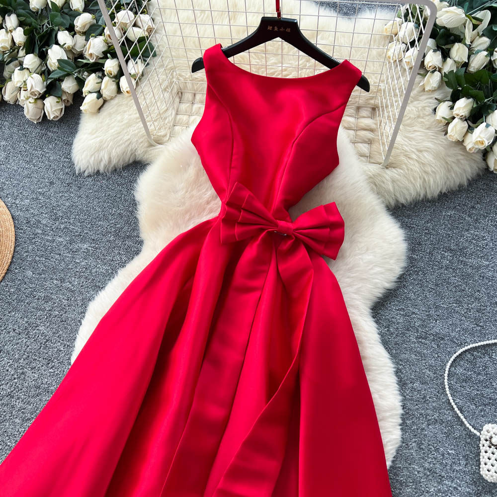 Elegant pinched waist A-line sleeveless dress for women