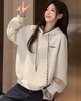 Pure cotton plus velvet hoodie plaid tops for women