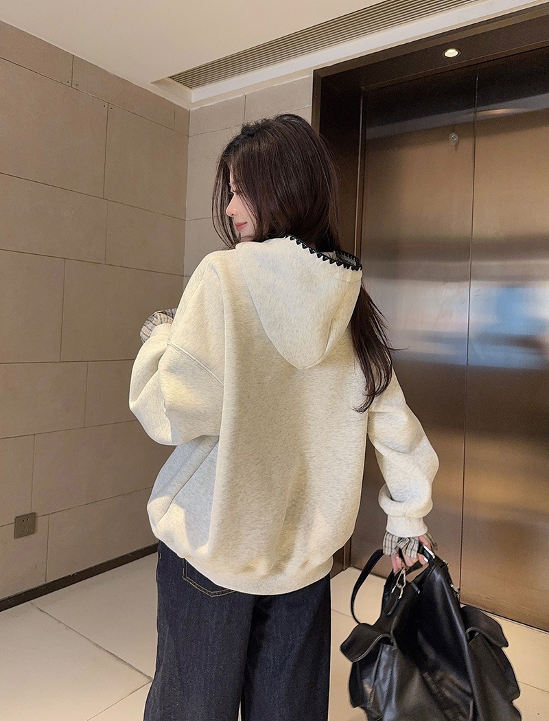 Pure cotton plus velvet hoodie plaid tops for women