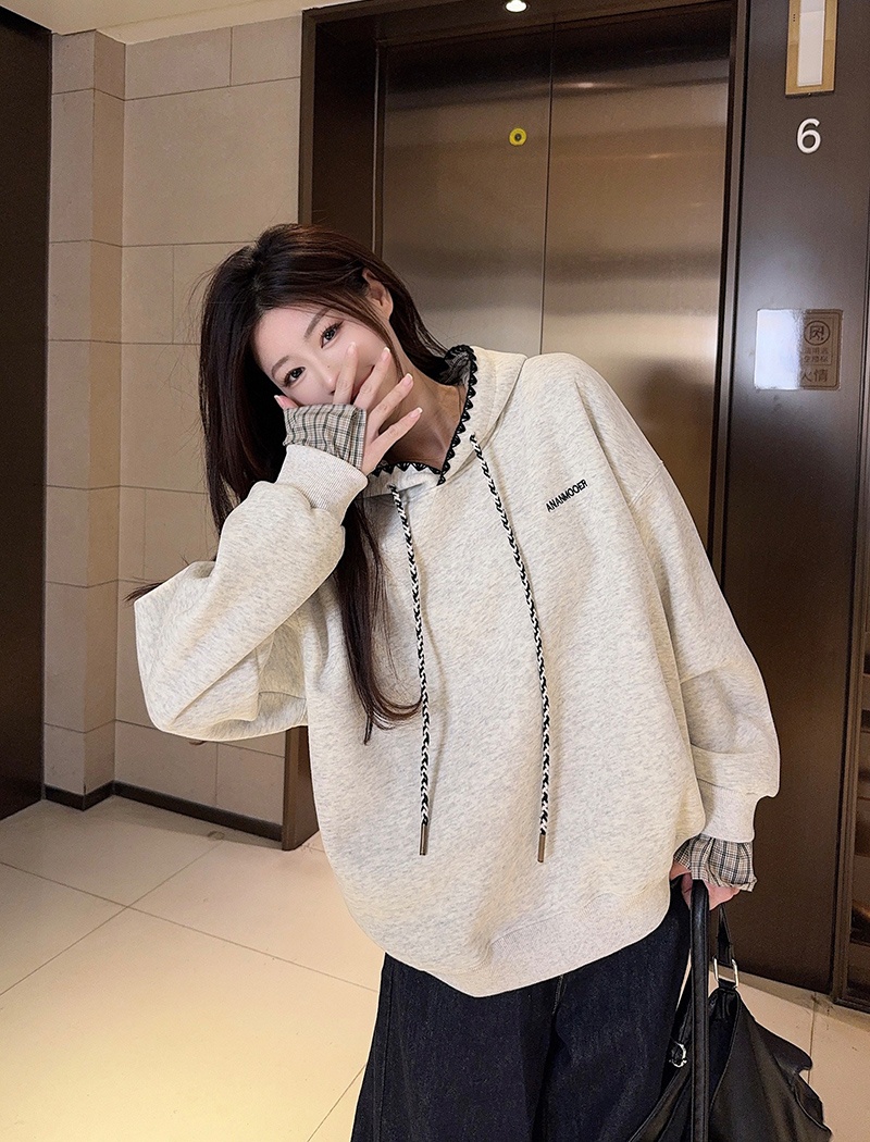 Pure cotton plus velvet hoodie plaid tops for women