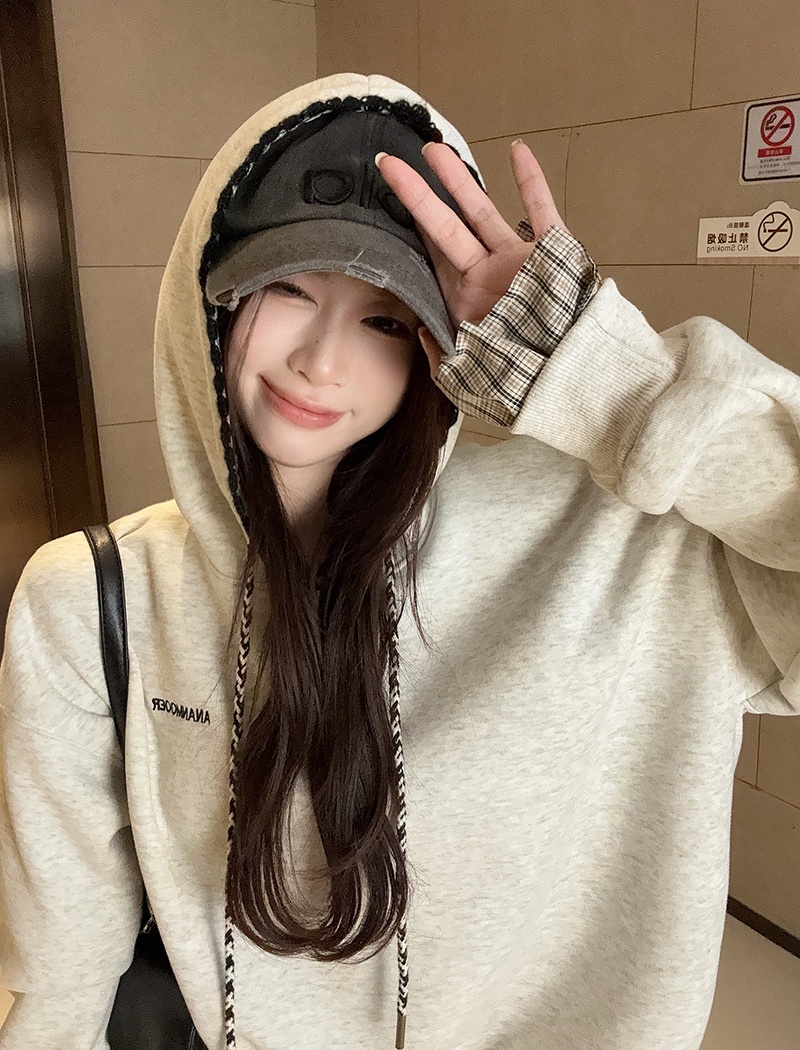 Pure cotton plus velvet hoodie plaid tops for women