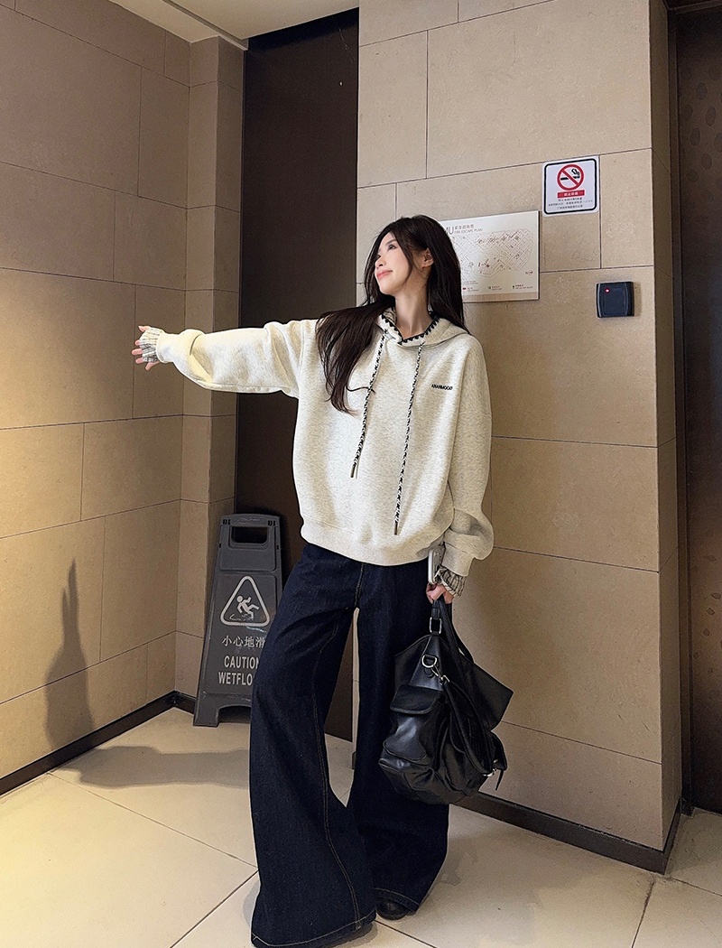 Pure cotton plus velvet hoodie plaid tops for women