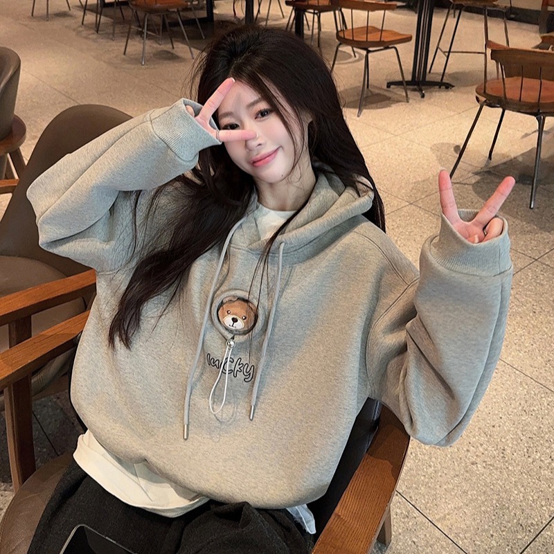 Loose hooded tops embroidery thermal hoodie for women