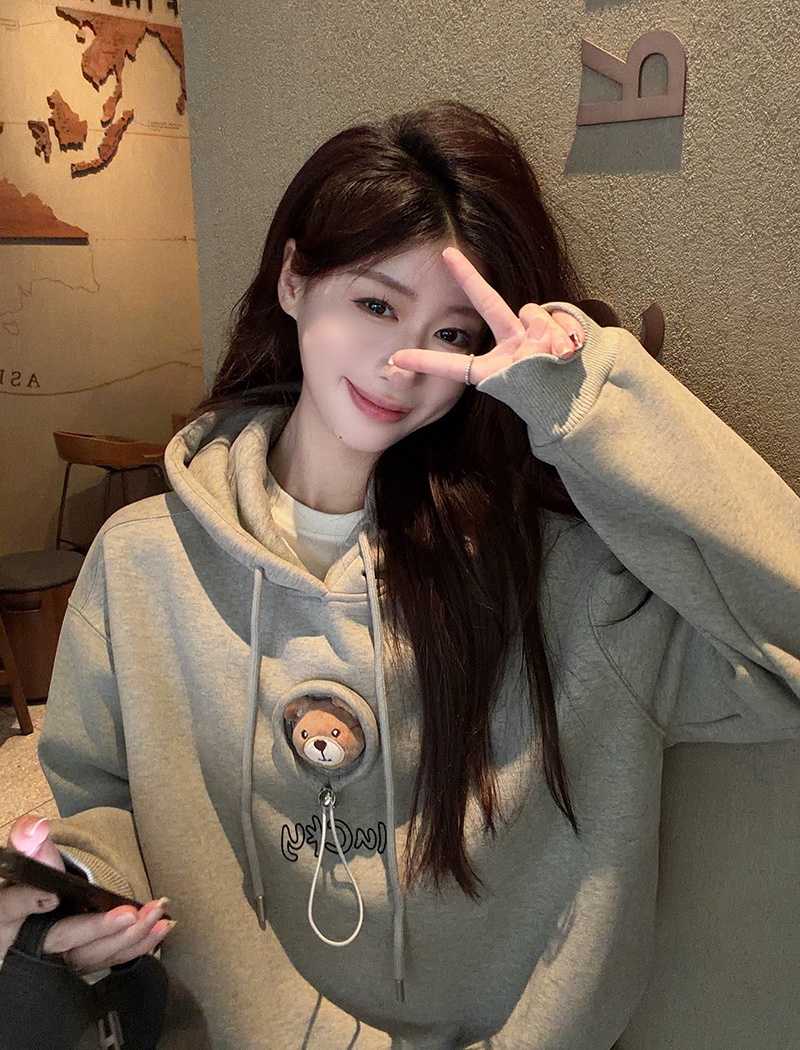 Loose hooded tops embroidery thermal hoodie for women