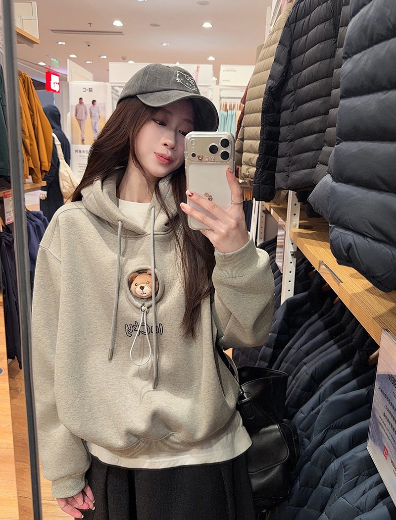 Loose hooded tops embroidery thermal hoodie for women
