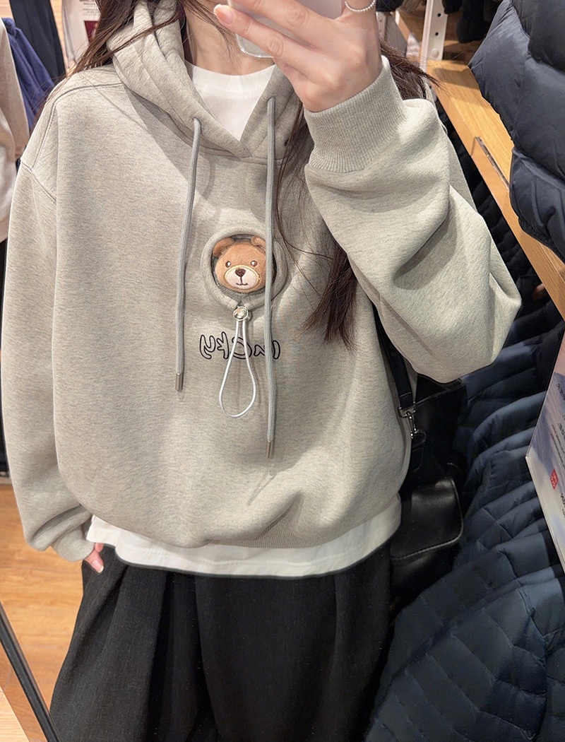 Loose hooded tops embroidery thermal hoodie for women