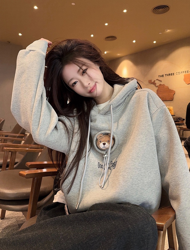 Loose hooded tops embroidery thermal hoodie for women