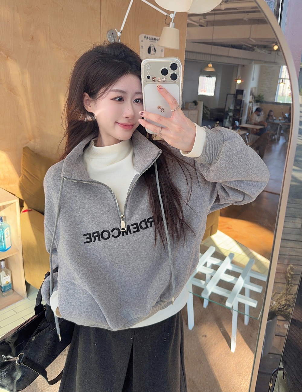 Zip autumn and winter hoodie thermal tops for women