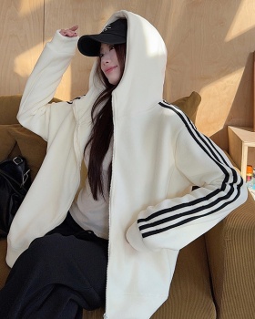 Loose plus velvet tops zip hoodie for women