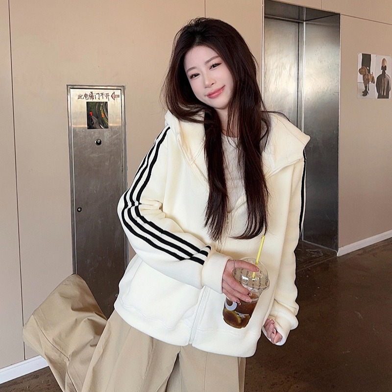 Loose plus velvet tops zip hoodie for women