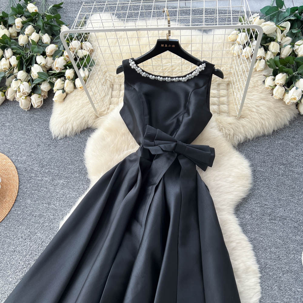 Rhinestone pinched waist bow dress summer A-line formal dress