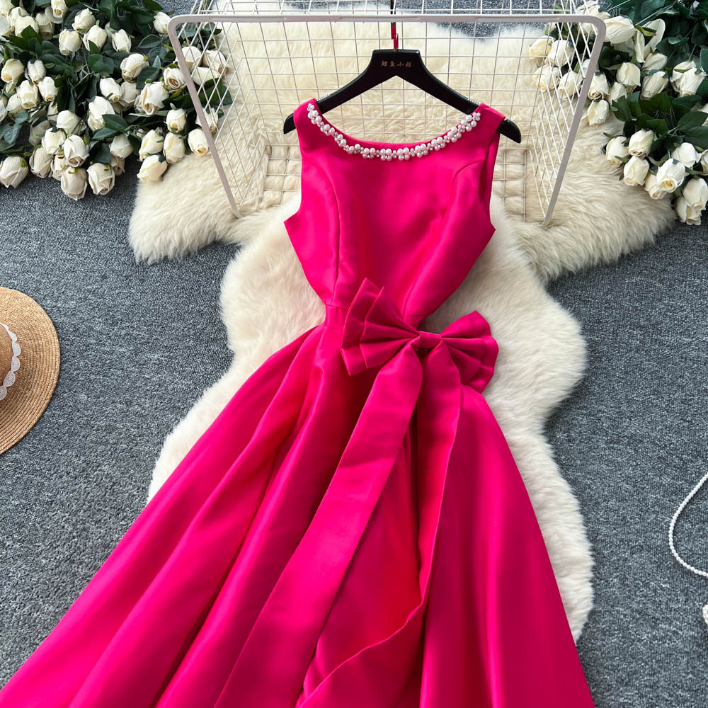 Rhinestone pinched waist bow dress summer A-line formal dress